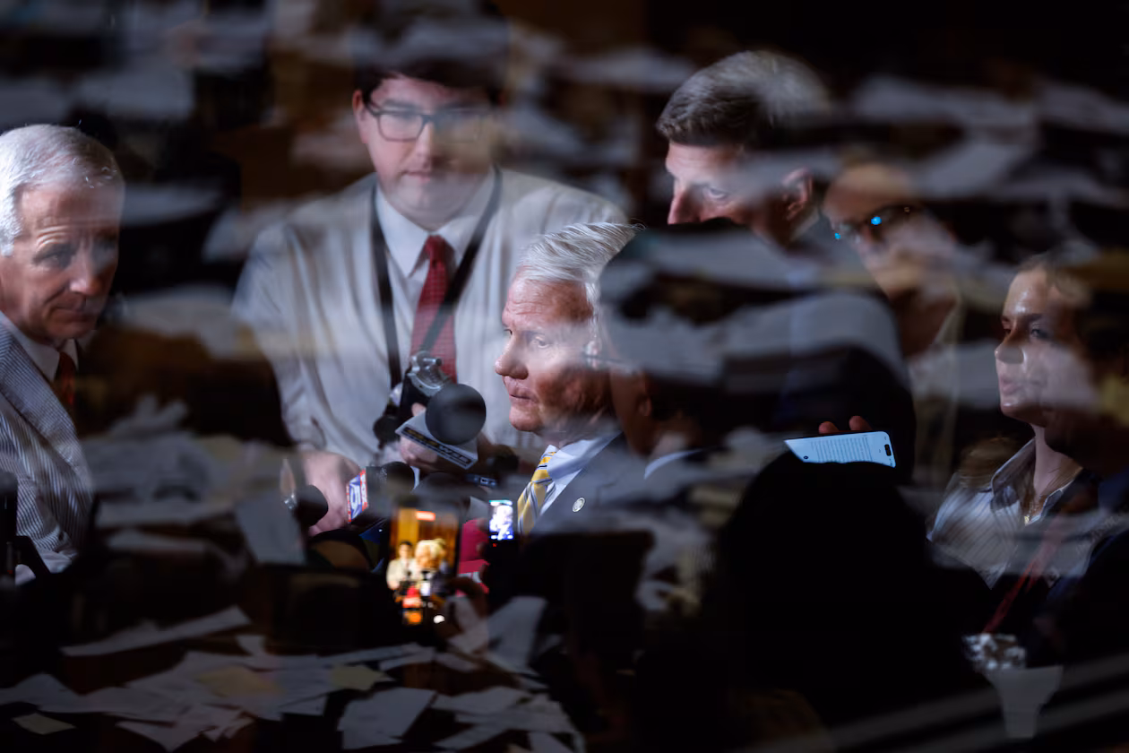 House Speaker Jon Burns, R-Newington, speaks to reporters on Sine Die, the last day of the legislative session, at the Capitol in Atlanta on April 3, 2026. (Arvin Temkar/AJC)