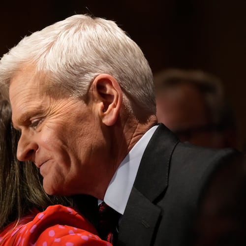 Sen. Bill Cassidy, R-La., right, hugs a supporter during an election night watch party Saturday, May 16, 2026, in Baton Rouge, La. (AP Photo/Gerald Herbert)