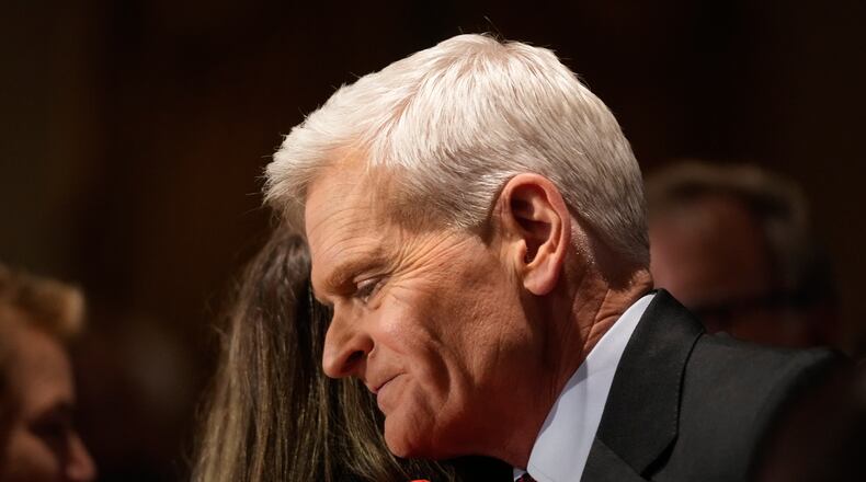 Sen. Bill Cassidy, R-La., right, hugs a supporter during an election night watch party Saturday, May 16, 2026, in Baton Rouge, La. (AP Photo/Gerald Herbert)