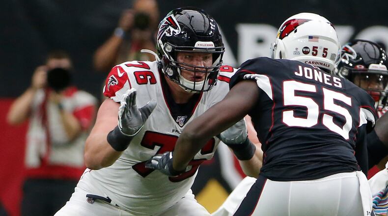 Atlanta Falcons offensive tackle Kaleb McGary (76) protects the quarterback against the Arizona Cardinals defense, Sunday, Oct. 13, 2019, in Glendale, Ariz.