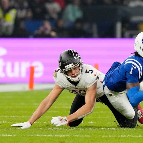 Indianapolis Colts cornerback Sauce Gardner (1) breaks up a pass intended for Atlanta Falcons wide receiver Drake London (5) during the second half of an NFL football game, Sunday, Nov. 9, 2025, in Berlin, Germany. (AP Photo/Martin Meissner)