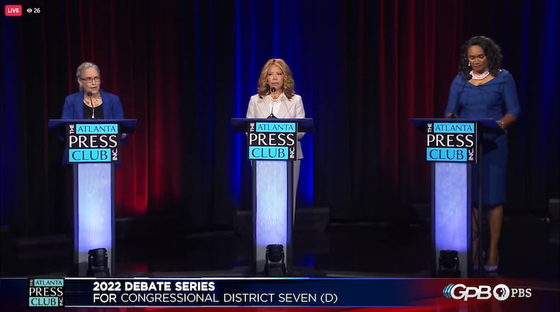 U.S. Rep. Carolyn Bordeaux (left), U.S. Rep. Lucy McBath (center) and state Rep. Donna Mcleod (right) are seeking the Democratic nomination in Georgia's 7th Congressional District