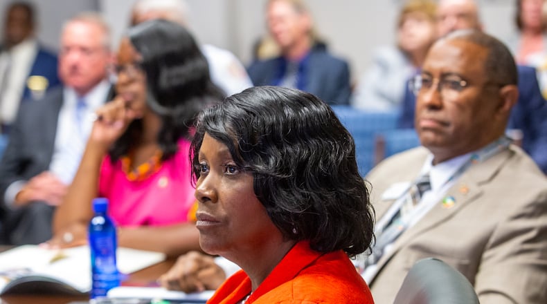 Commissioner Marlene Fosque watches a Parks and Recreation presentation after the formal Gwinnett County Board of Commissioners gather for a board meeting Tuesday, June 15, 2021. (Jenni Girtman for The Atlanta Journal-Constitution)