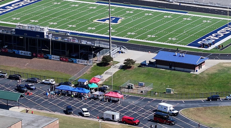 Aerial photo shows Apalachee High School where four people were killed and nine others were taken to various hospitals after a shooting, Wednesday, September 4, 2024, in Winder. Four people were killed and nine others were taken to various hospitals after a shooting at Apalachee High School in Barrow County, the GBI said Wednesday afternoon. One person was in custody, the state agency confirmed. (Hyosub Shin / AJC)