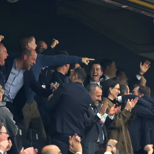 Britain's Prince William, center, celebrates during the Europa League final soccer match between Freiburg and Aston Villa in Istanbul, Turkey, Wednesday, May 20, 2026. (AP Photo)