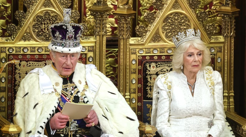 FILE - Britain's King Charles III and Queen Camilla attend the state opening of Parliament at the Palace of Westminster in London, Wednesday, May 13, 2026. (Chris Jackson/Pool Photo via AP, File)