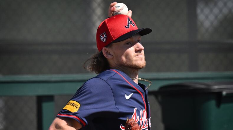 Braves pitcher Hayden Harris throws in the bullpen during spring training baseball workouts at CoolToday Park, Thursday, Feb., 15, 2024, in North Port, Florida. (Hyosub Shin / Hyosub.Shin@ajc.com)