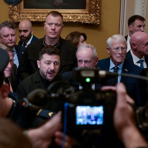 Ukraine's President Volodymyr Zelenskyy, center, speaks to reporters at the U.S. Capitol with from left: Sen. Richard Blumenthal, D-Conn., Sen. James Risch, R-Idaho, Sen. Roger Wicker, R-Miss., and Sen. Mark Kelly, D-Ariz., following a meeting of bipartisan leaders of the Lindsey O. Graham Sanctioning Russia and Iran Act of 2026, Tuesday, July 28, 2026, in Washington. (AP Photo/Rod Lamkey, Jr.)