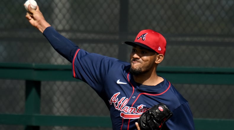 Atlanta Braves starting pitcher Huascar Ynoa throws in the bullpen during spring training workouts at CoolToday Park, Monday, February, 19, 2024, in North Port, Florida. (Hyosub Shin / Hyosub.Shin@ajc.com)