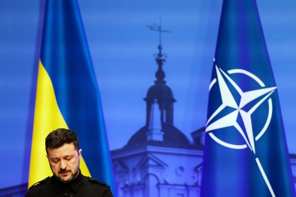 Ukraine's President Volodymyr Zelenskyy addresses a media conference during the Vilnius Summit at the Palace of the Grand Dukes of Lithuania in Vilnius, Lithuania, Monday, June 2, 2025. (AP Photo/Mindaugas Kulbis)