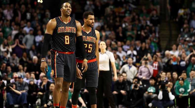 Dwight Howard (8) of the Atlanta Hawks is ejected from the game following his second technical foul against the Boston Celtics during the third quarter at TD Garden on February 27, 2017 in Boston, Massachusetts. (Photo by Maddie Meyer/Getty Images)