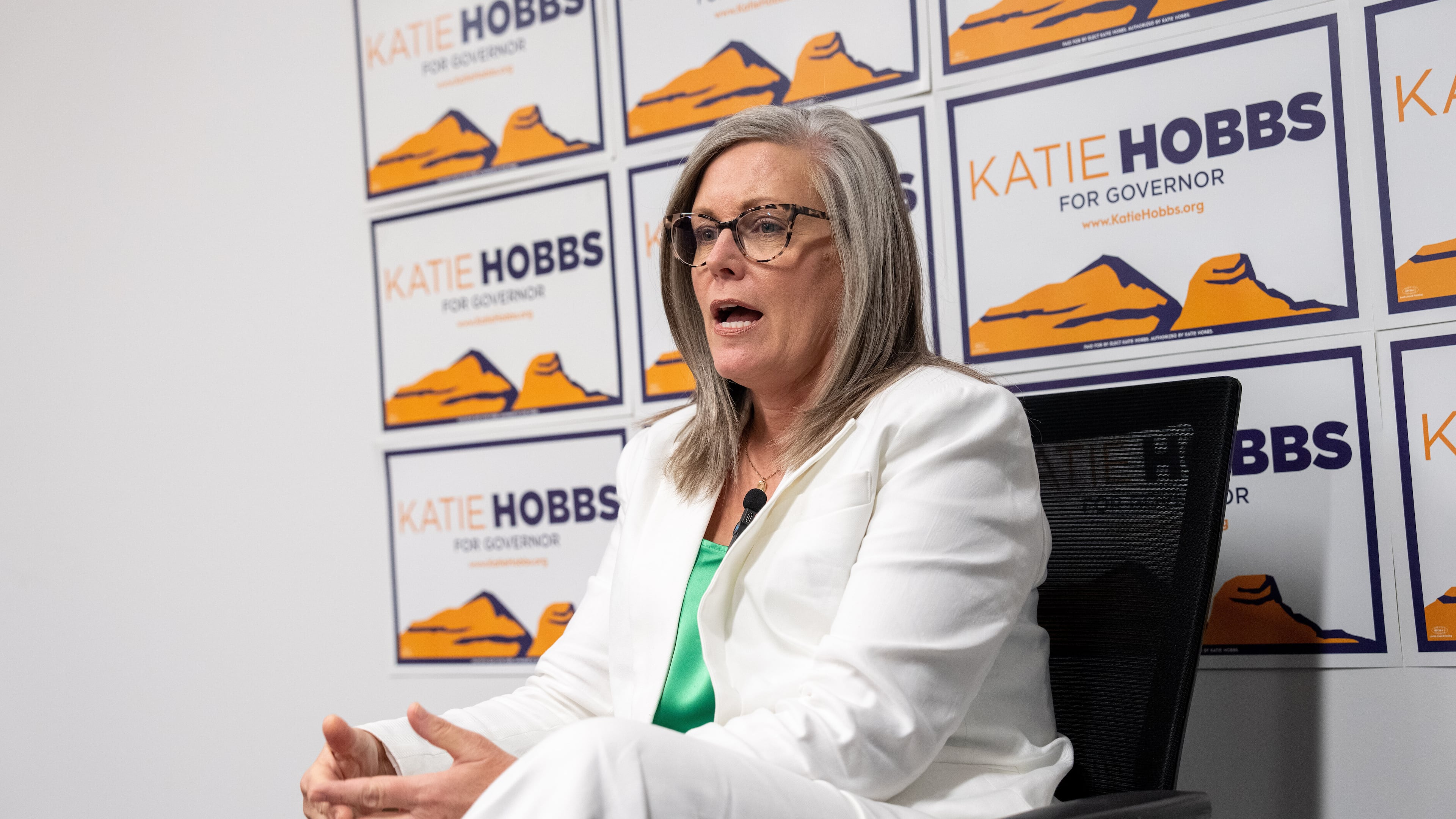 Democratic Arizona Gov. Katie Hobbs speaks during an interview with The Associated Press, Tuesday, Oct. 7, 2025, in Phoenix. (AP Photo/Samantha Chow)