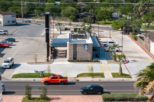 An aerial view shows a 3D printed Starbucks building Monday, April 28, 2025, in Brownsville, Texas. (AP Photo/Michael Gonzalez)