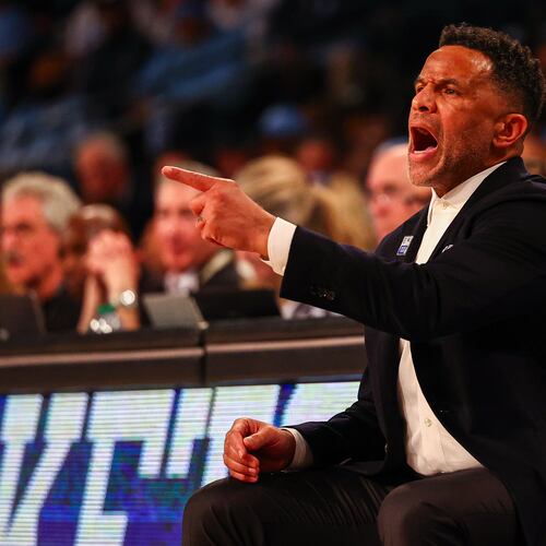 Georgia Tech head coach Damon Stoudamire reacts during the second half of an NCAA college basketball game against North Carolina, Saturday, Jan. 31, 2026, in Atlanta. (AP Photo/Colin Hubbard)