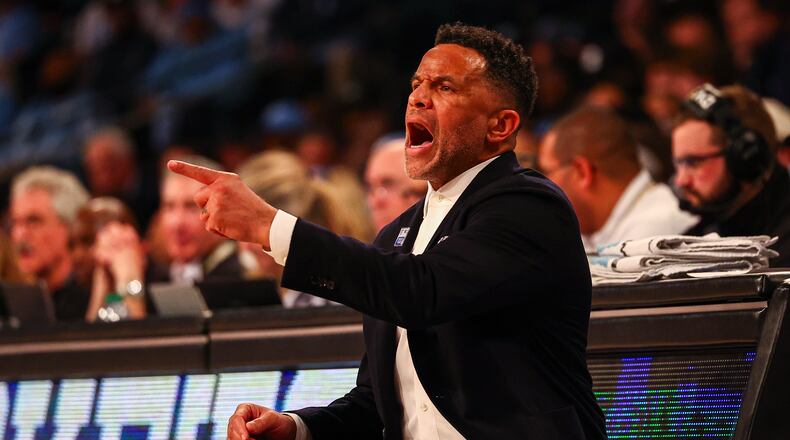 Georgia Tech head coach Damon Stoudamire reacts during the second half of an NCAA college basketball game against North Carolina, Saturday, Jan. 31, 2026, in Atlanta. (AP Photo/Colin Hubbard)