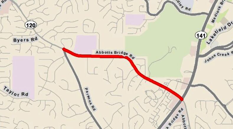Abbotts Bridge Road in Johns Creek is to be widened from Parsons Road to Primrose Parkway. CITY OF JOHNS CREEK