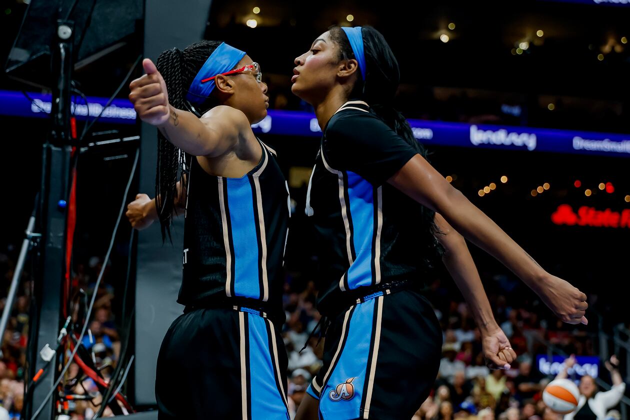 Atlanta Dream forward Angel Reese (right) reacts with guard Allisha Gray during the first half of a game between the Dream and the Indiana Fever, Sunday, Aug. 16, 2026, in Atlanta. "Everybody just comes in with a lot of confidence," Reese says. (Erik S. Lesser for the AJC)