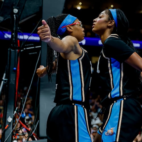 Atlanta Dream forward Angel Reese (right) reacts with guard Allisha Gray during the first half of a game between the Dream and the Indiana Fever, Sunday, Aug. 16, 2026, in Atlanta. "Everybody just comes in with a lot of confidence," Reese says. (Erik S. Lesser for the AJC)
