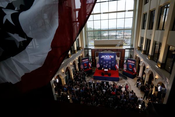 Healthcare business owner Rick Jackson addresses the crowd during his campaign kickoff speech for Georgia governor at Jackson Healthcare in Alpharetta in February. (Miguel Martinez/AJC)