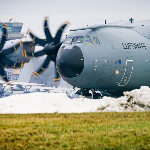 An Airbus A400M transport aircraft of the German Air Force taxis over the grounds at Wunstorf Air Base in the Hanover region, Germany, Thursday, Jan. 15, 2026 as troops from NATO countries, including France and Germany, are arriving in Greenland to boost security. (Moritz Frankenberg/dpa via AP)