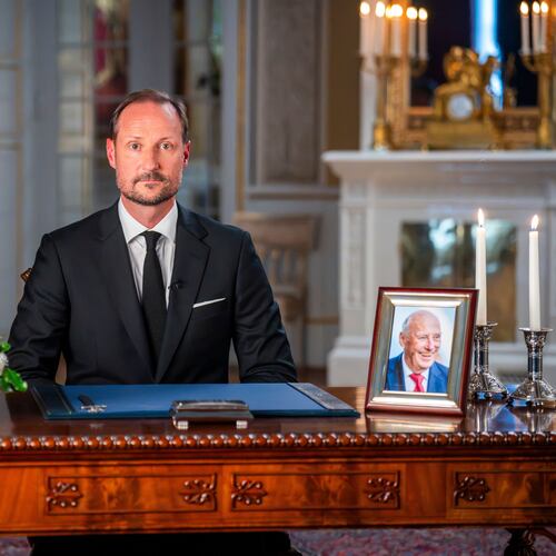 Norway's King Haakon at the palace in Oslo, Saturday, Aug. 29, 2026. (Heiko Junge, Pool Photo via AP)