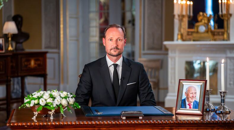 Norway's King Haakon at the palace in Oslo, Saturday, Aug. 29, 2026. (Heiko Junge, Pool Photo via AP)