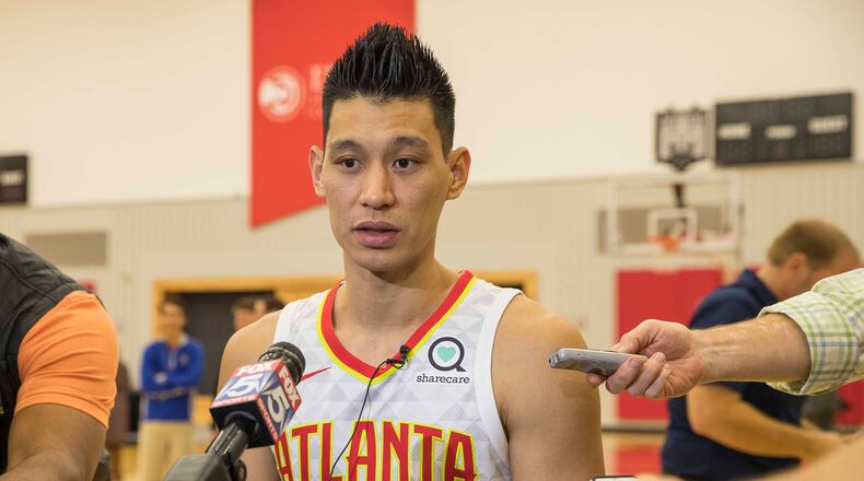 The Hawks' Jeremy Lin speaks during media day. (ALYSSA POINTER/ALYSSA.POINTER@AJC.COM)