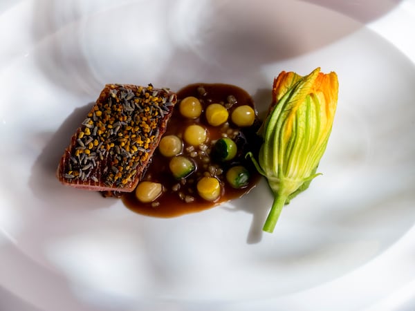 A small piece of duck is artfully arranged on a plate with a squash blossom, with a dark glaze between the two.