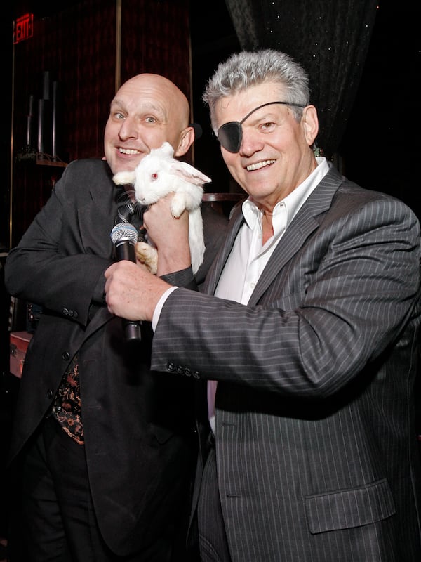 Bruce Block poses for a photo with Las Vegas Review-Journal columnist Norm Clarke during a book signing party for Clarke's book at the Playboy Club inside Palms hotel-casino, Nov. 12, 2008, in Las Vegas. (Duane Prokop/Las Vegas Review-Journal via AP)