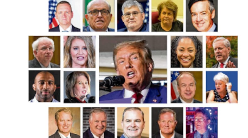 From The front page of the Tuesday, Aug. 15, 2023 edition of The Atlanta Journal-Constitution. Top row (left to right): Former Trump campaign official Mike Roman, former Trump personal attorney Rudy Giuliani, former chairman of the Georgia Republican Party David Shafer, former elections supervisor for Coffee County Misty Hampton, former Trump campaign attorney Kenneth Chesebro. Second row: Former Trump campaign attorney John Eastman, attorney Jenna Ellis, former President Donald Trump, publicist Trevian Kutti, former White House Chief of Staff Mark Meadows. Third row: Former director of Black Voices for Trump Harrison Floyd, attorney Sidney Powell, former Department of Justice official Jeffrey Clark, Republican elector Cathy Latham. Bottom row: Atlanta lawyer Ray Smith III, Alpharetta lawyer Bob Cheeley, state Sen. Shawn Still, Atlanta bail bondsman Scott Hall and Stephen Cliffgard Lee, a police chaplain from Illinois.