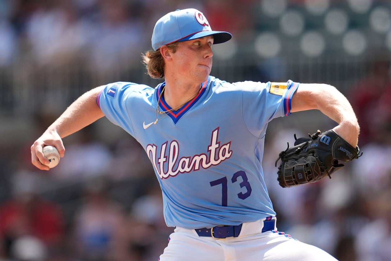 Pitcher Owen Murphy, shown here working against the Texas Rangers in July, will be called upon if the Braves need to eat some innings during Tuesday or Wednesday’s games against the Cubs, manager Walt Weiss says. (Mike Stewart/AP)