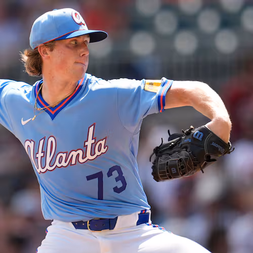 Atlanta Braves pitcher Owen Murphy works against the Texas Rangers in the second inning of a baseball game, Saturday, July 18, 2026, in Atlanta. (Mike Stewart/AP)