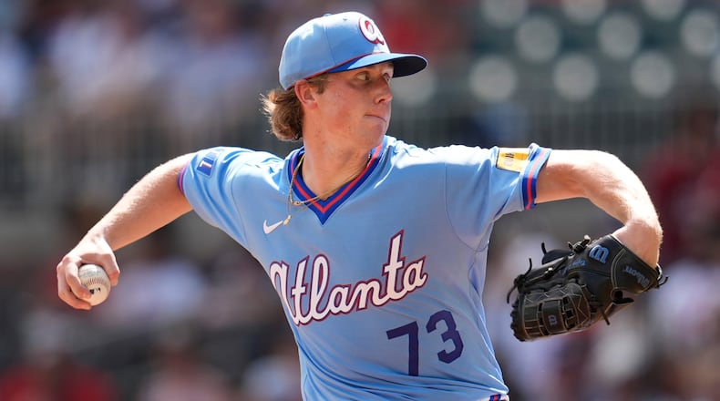 Pitcher Owen Murphy, shown here working against the Texas Rangers in July, will be called upon if the Braves need to eat some innings during Tuesday or Wednesday’s games against the Cubs, manager Walt Weiss says. (Mike Stewart/AP)