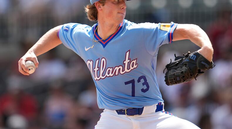 Atlanta Braves pitcher Owen Murphy works against the Texas Rangers in the second inning of a baseball game, Saturday, July 18, 2026, in Atlanta. (Mike Stewart/AP)