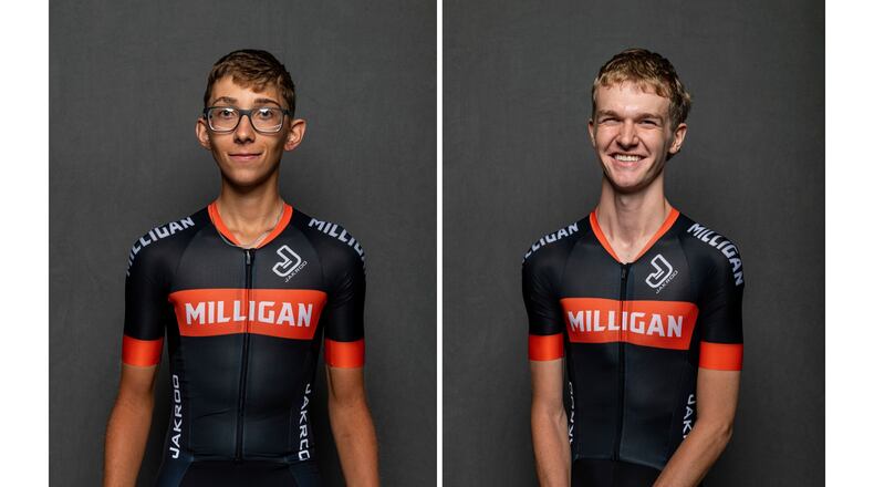 This combination of undated photos provided by Milligan University show student cyclists Haylan Engdahl, left, and Brayden Rogers, who were killed in a car crash in Hampton, Tenn., Wednesday, Aug. 19, 2026. (Milligan University via AP)