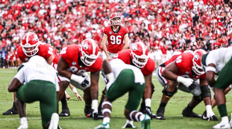 Georgia placekicker Jack Podlesny (96) lines up to attempt a field goal against UAB Saturday, Sept. 11, 2021, at Sanford Stadium in Athens. (Tony Walsh/UGA)