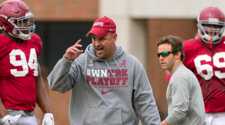 Alabama defensive coordinator Jeremy Pruitt works with his players.  (Vasha Hunt/AL.com via AP)