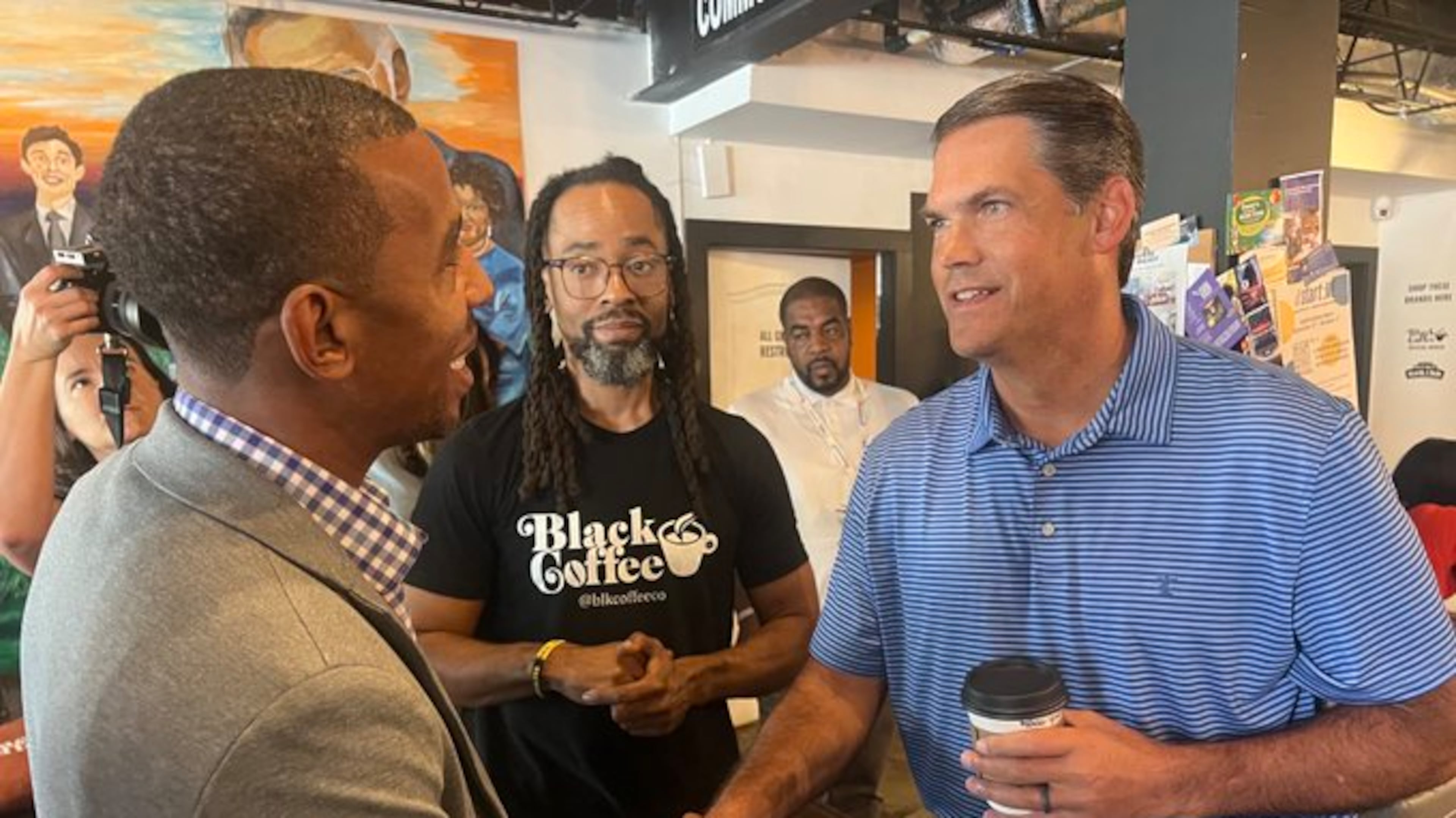 For his first campaign event as a Democratic candidates for governor, Geoff Duncan visited a Black-owned coffee shop in Atlanta. (Patricia Murphy/AJC)