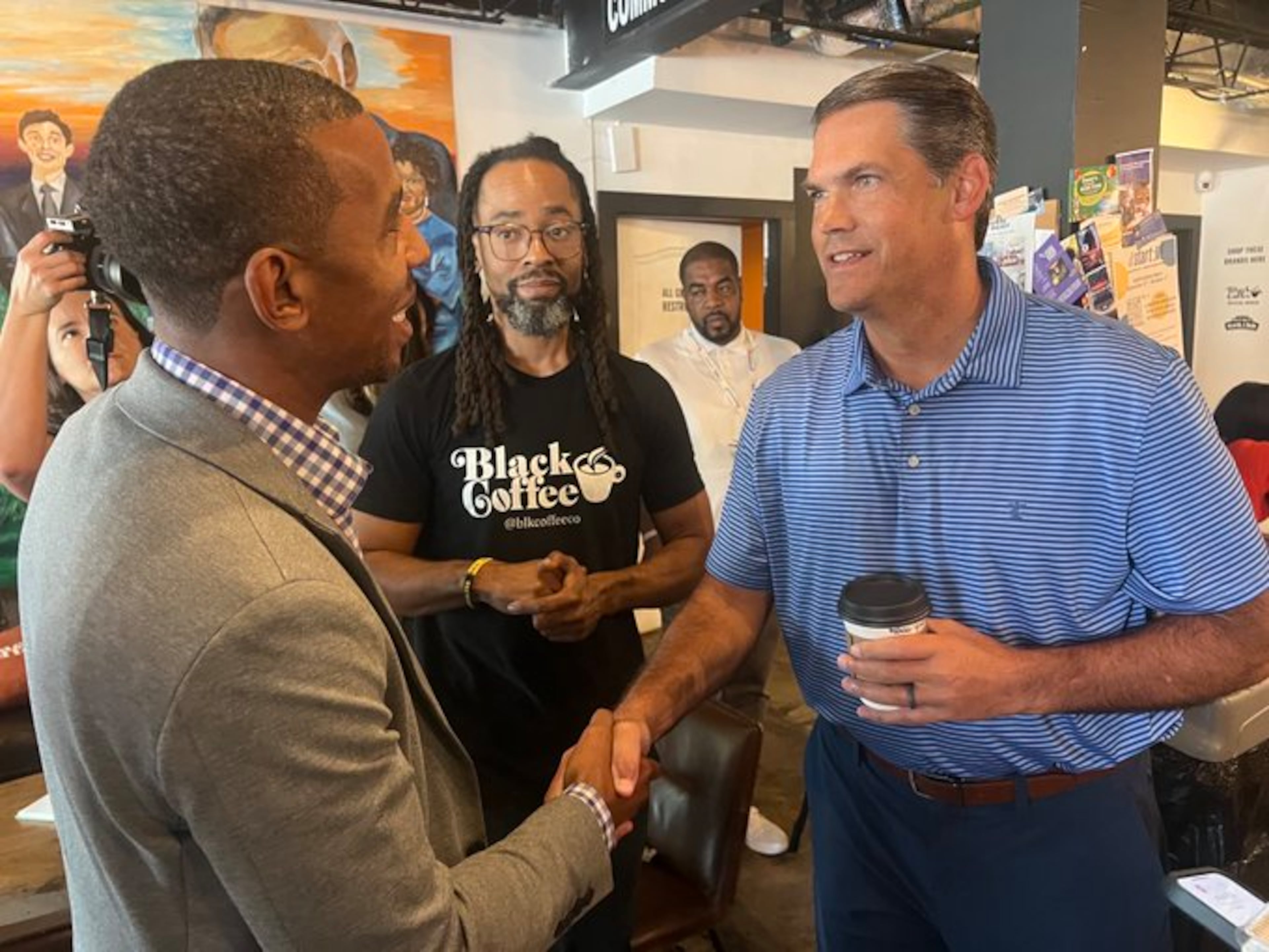 For his first campaign event as a Democratic candidates for governor, Geoff Duncan visited a Black-owned coffee shop in Atlanta. (Patricia Murphy/AJC)
