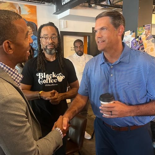 For his first campaign event as a Democratic candidates for governor, Geoff Duncan visited a Black-owned coffee shop in Atlanta. (Patricia Murphy/AJC)
