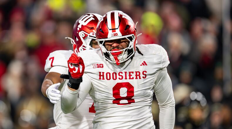 FILE - Indiana defensive lineman Stephen Daley (8) reacts during an NCAA college football game against Purdue, Friday, Nov. 28, 2025, in West Lafayette, Ind. (AP Photo/Doug McSchooler,File)