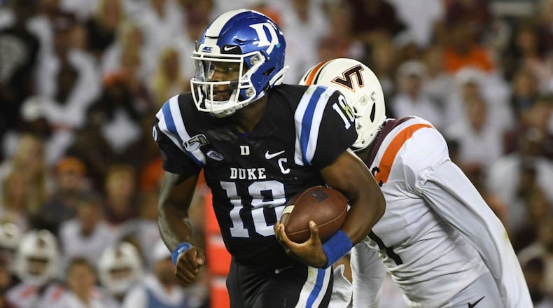BLACKSBURG, VA - SEPTEMBER 27: Quarterback Quentin Harris #18 of the Duke Blue Devils rushes during a long touchdown run against the Virginia Tech Hokies at Lane Stadium on September 27, 2019 in Blacksburg, Virginia. (Photo by Michael Shroyer/Getty Images)