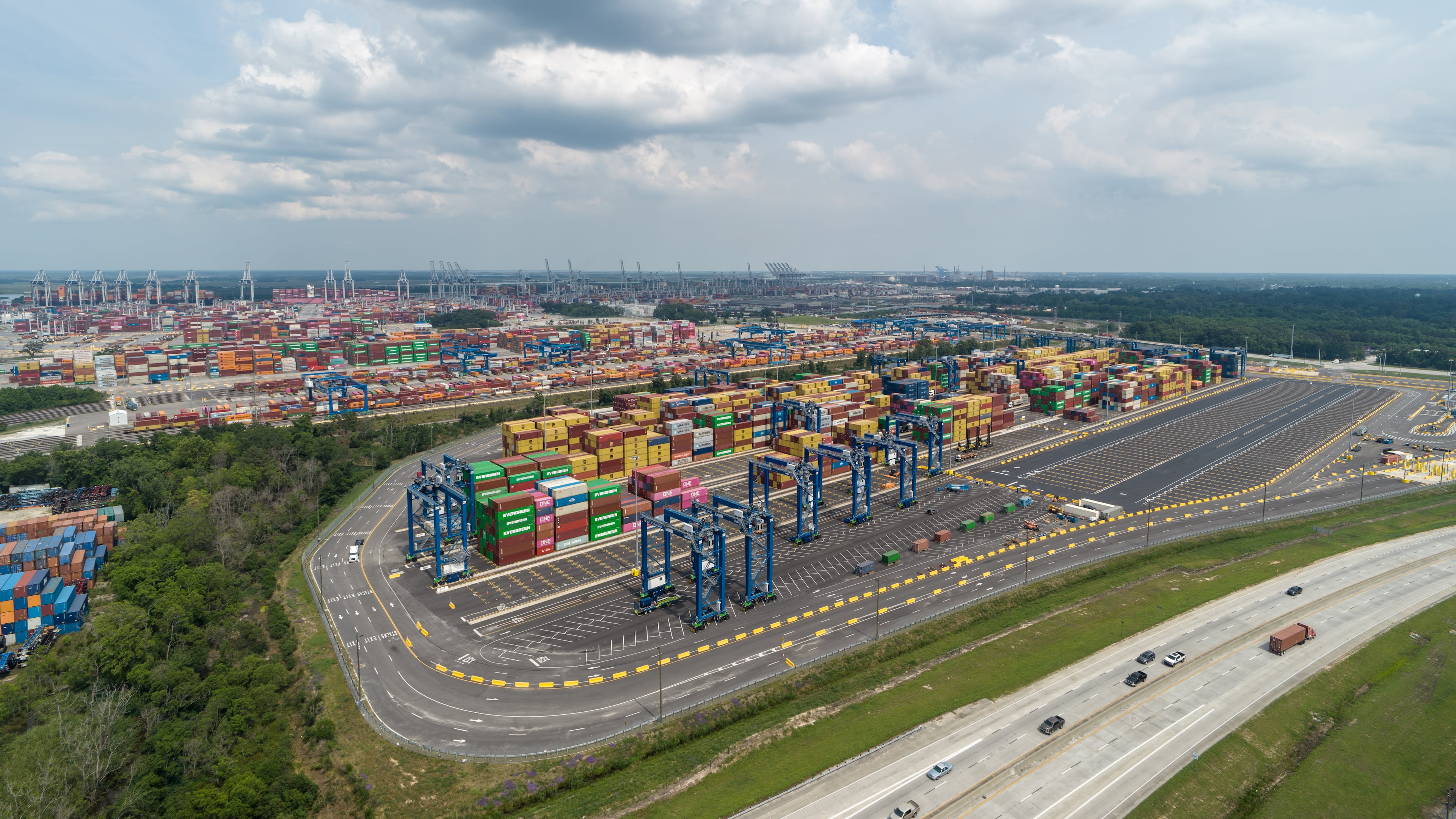 The Georgia Ports Authority built a 90-acre container storage yard, known as Garden City Terminal West, in 2023 and 2024 at a cost of $200 million. The facility can hold 20,000 container units. (Courtesy of Georgia Ports Authority)