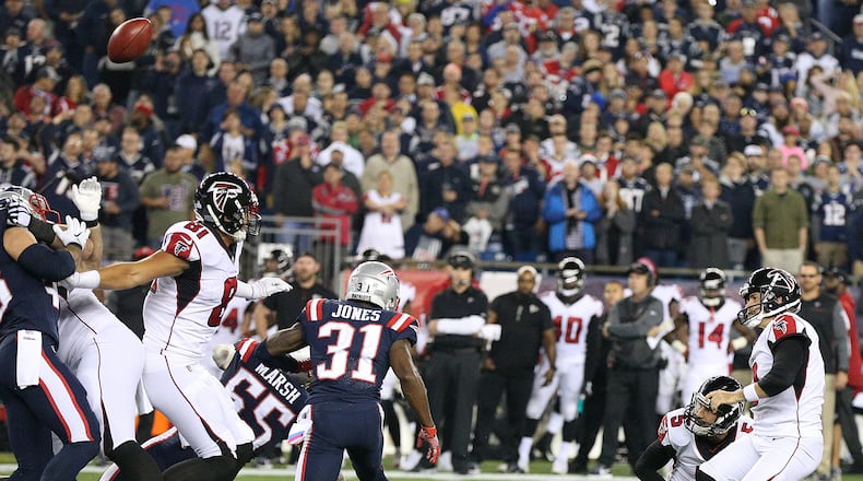 October 22, 2017 Foxborough: Falcons kicker Matt Bryant has his field goal attempt blocked by the Patriots during the first half in a NFL football game on Sunday, October 22, 2017, in Foxborough. Curtis Compton/ccompton@ajc.com