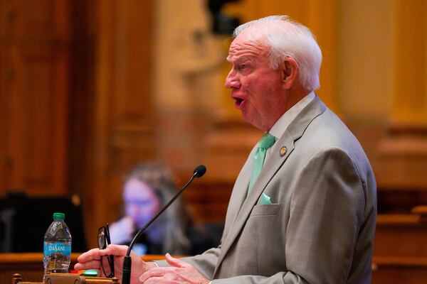 Georgia state Sen. Max Burns, R- Sylvania, speaks from the well during debate on HB127, a bill that prevents public schools, local education agencies, and public postsecondary institutions that receive state funds from promoting, supporting, or maintaining any programs or activities that advocate for diversity, equity, and inclusion (DEI), Wednesday, April 2, 2025, at the Georgia State Capitol in Atlanta. (Matthew Pearson/WABE via AP)