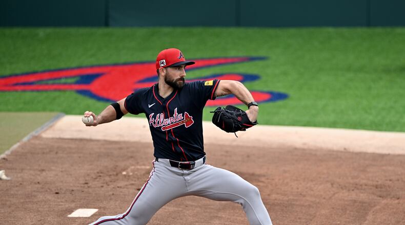 Atlanta Braves pitcher Spencer Strider throws a ball during spring training workouts at CoolToday Park, Friday, February 14, 2025, North Port, Florida. (Hyosub Shin / AJC)