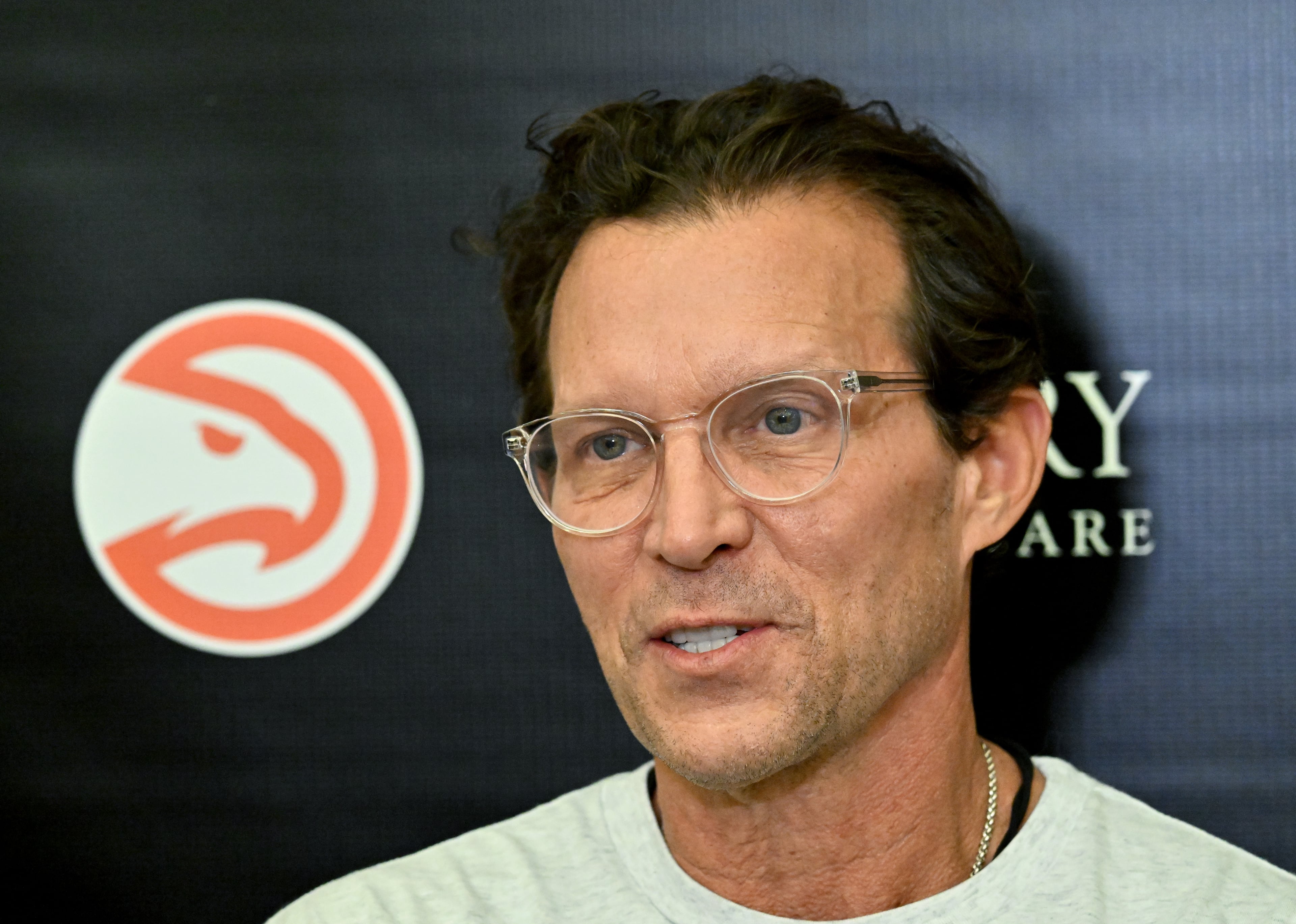 Hawks head coach Quin Snyder answers questions from the media during the first day of training camp at the Emory Sports Medicine Complex on Tuesday, Sept. 30, 2025, in Brookhaven. (Hyosub Shin/AJC)