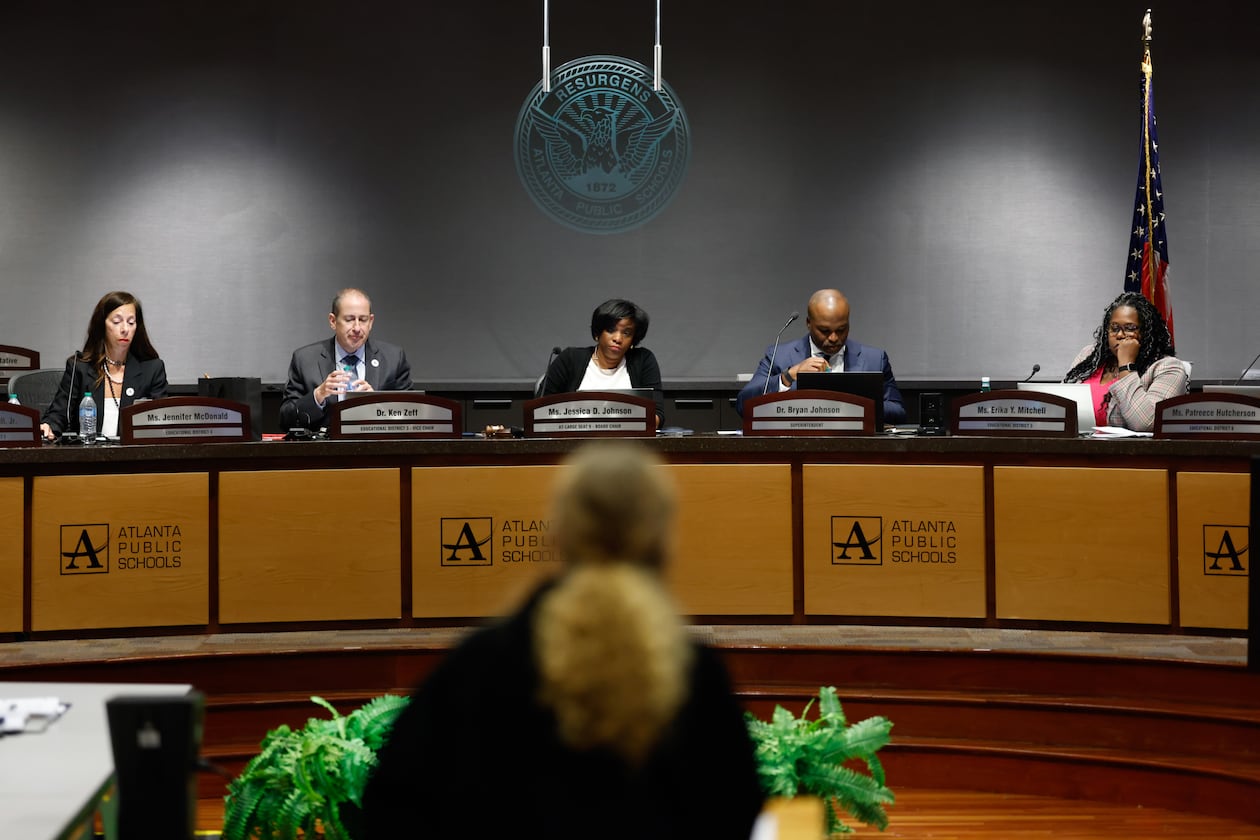 Parent Tammy Brazzelle, a member of the Safe Space to Learn Coalition, speaks at an Atlanta Public Schools board meeting in Atlanta on Aug. 10, 2026. The coalition is advocating to pass a policy preventing ICE agent entry in schools. (Arvin Temkar/AJC)