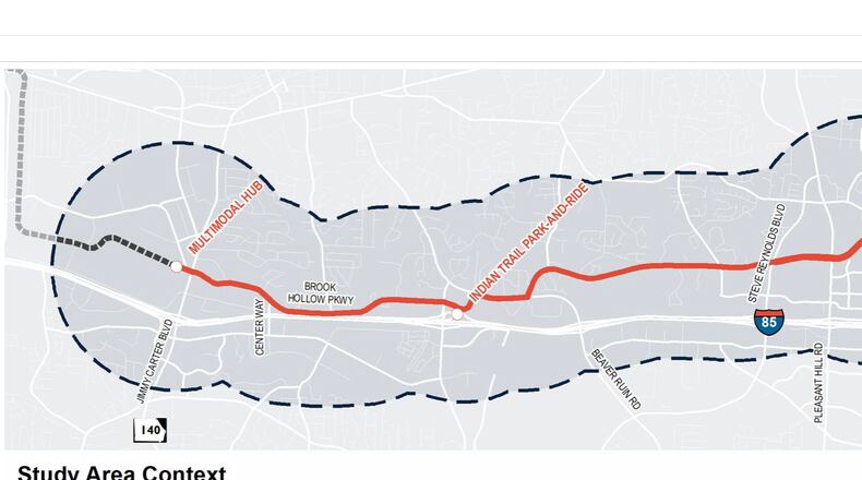 The Satellite Boulevard to Jimmy Carter Boulevard BRT Corridor Study is limited to a 10-mile section from Jimmy Carter Boulevard in Norcross to Sugarloaf Parkway in Duluth and across to the Sugarloaf Mills Park-and-Ride. (Courtesy Gwinnett County)