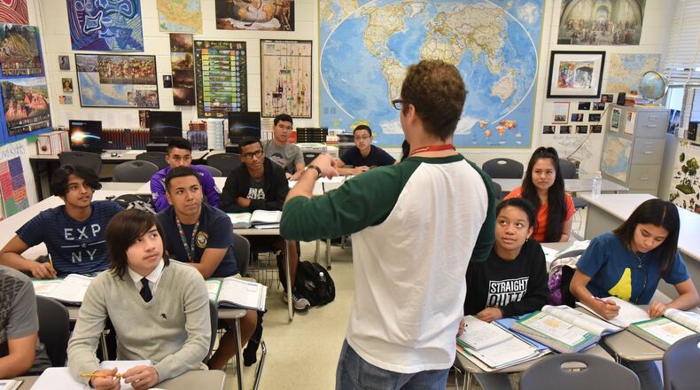 Students listen to teacher Stuart Hendrick at Cross Keys High School on Friday, Nov. 4, 2016.